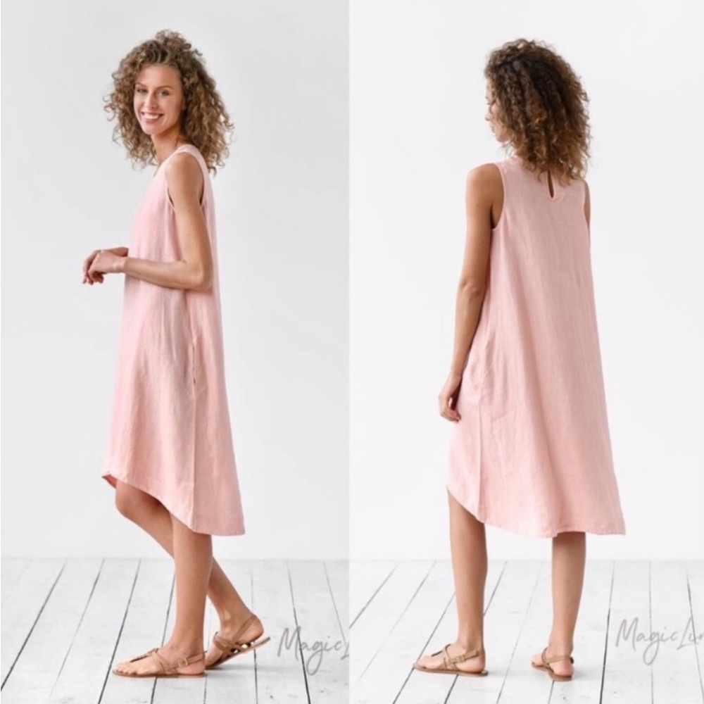 Magic Linen Royal Toscana Asymmetrical Sleeveless Pink Oversized Dress Pockets S
